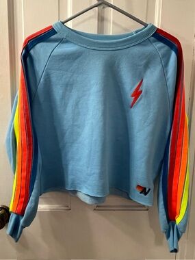 Aviator Nation Bolt Classic Cropped Crewneck Sweatshirt in a light blue. Size Md